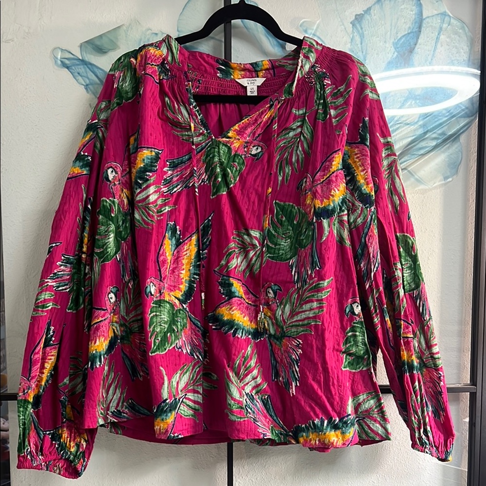 Crown & Ivy Pink and Green Puff Sleeve Blouse